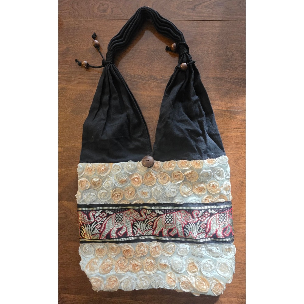 Boho Elephant Embroidered Rosette Hobo Shoulder‎ Bag Black Cream Wooden Accents